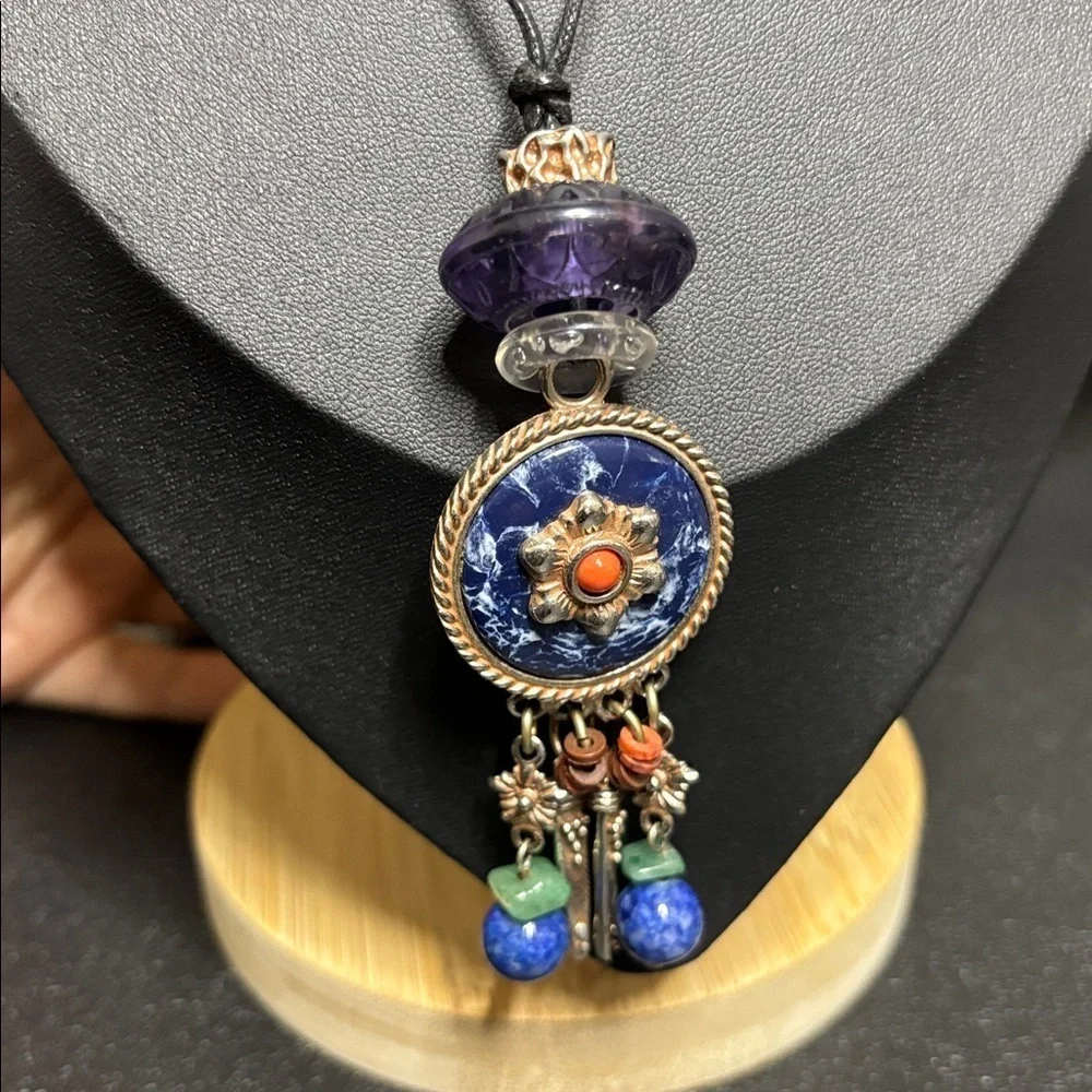 Artisan Leather Cord Boho Dangle Lapis Elegant Multicolor Pendant Necklace